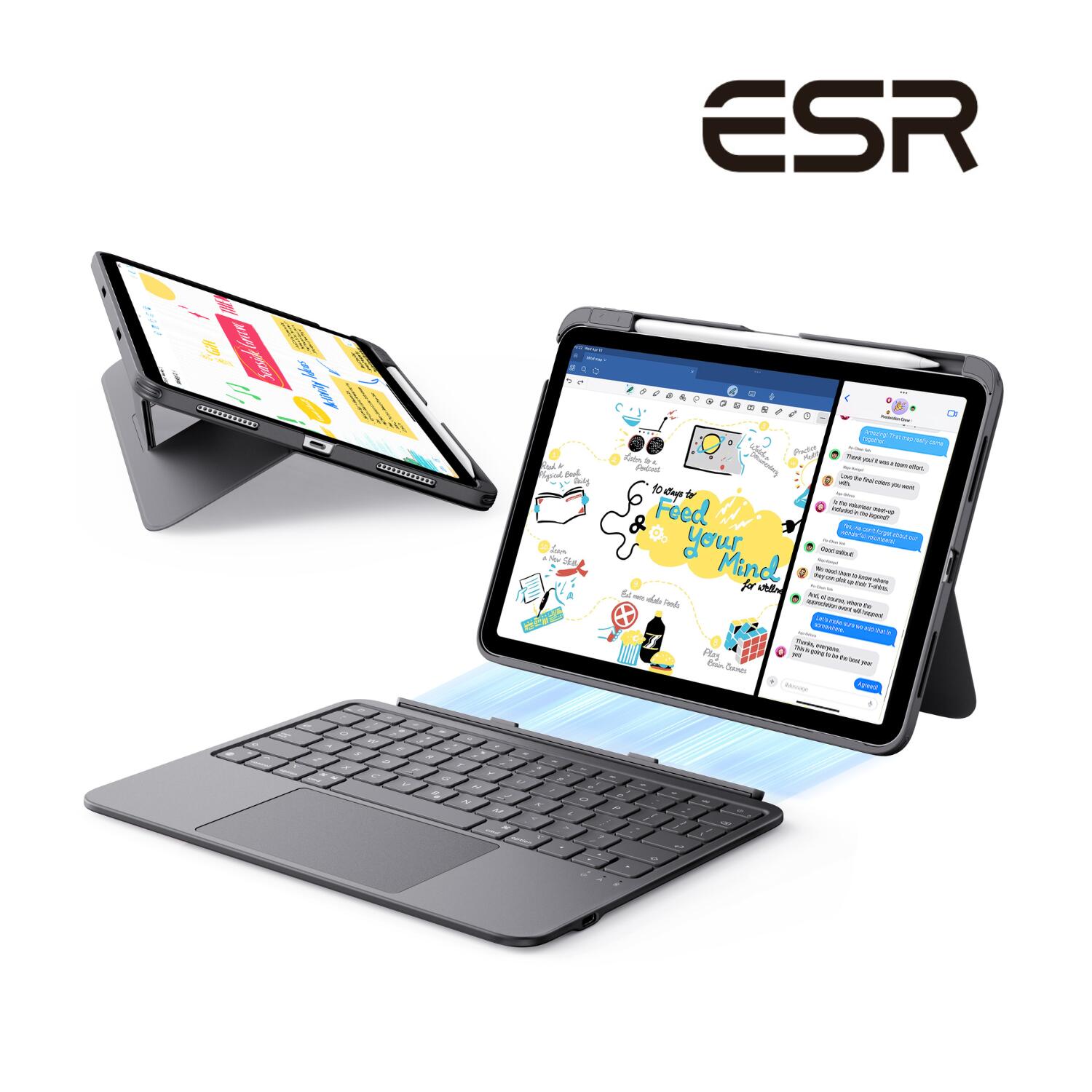 ESR Flex キーボード iPad Air 11インチ キーボードケース A16/M4/M3/M2(2026/2025/2024)対応 トラックパッド付 Bluetooth 磁気着脱 縦横スタンド【国内正規品】|ナイコムオンラインストア