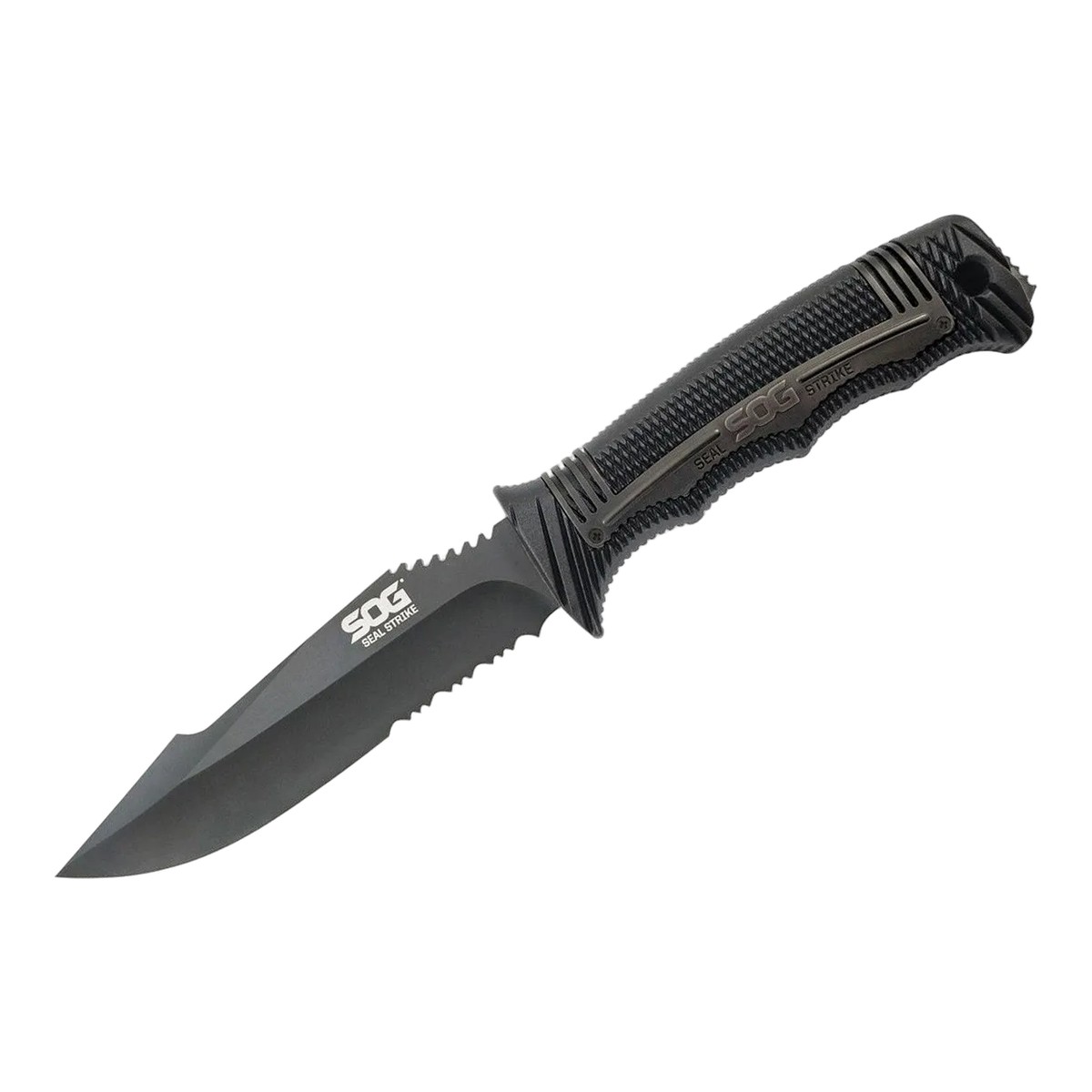 SOG ソグ SEAL Strike コンバット ブラック AUS-8 DXシース(ブラック） ファイヤースターター シール ストライク フィックスド シースナイフ 固定刃 キャンプナイフ ブッシュクラフト サバイバル ハンティング ハンター 薪割り フェザー フィッシング 防災 緊急時 正規品｜アウトドアナイフ専門グローイング