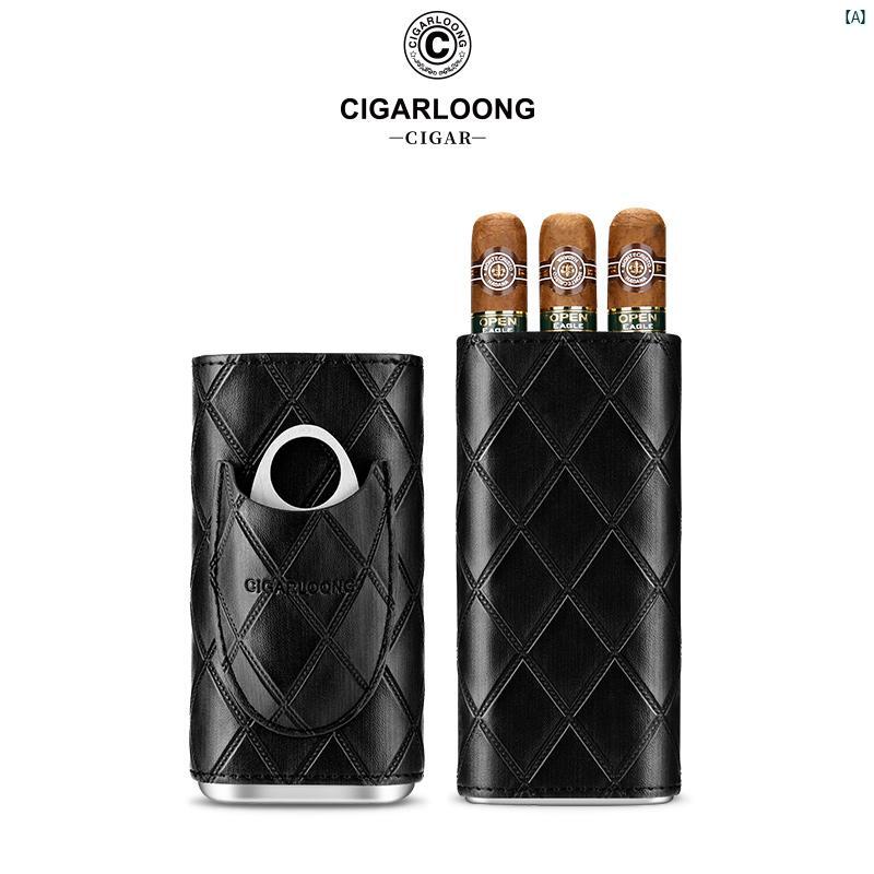 タバコグッズ　タバコ用品　かっこいい　大人 CIGARLOONG シガーセット シガーカッター 付き ポータブル 3本 パック 牛革 保湿 CLHFA 1
