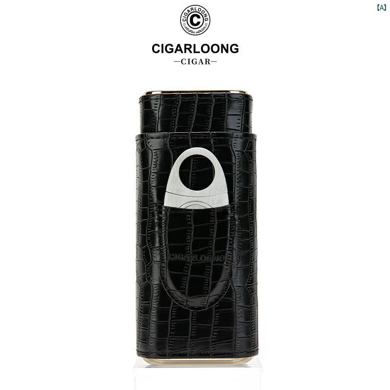 タバコグッズ　タバコ用品　かっこいい　大人 CIGARLOONG シガーセット セット シャープ シガー ハサミ 牛革 携帯用 保湿 シガーボックス 3個