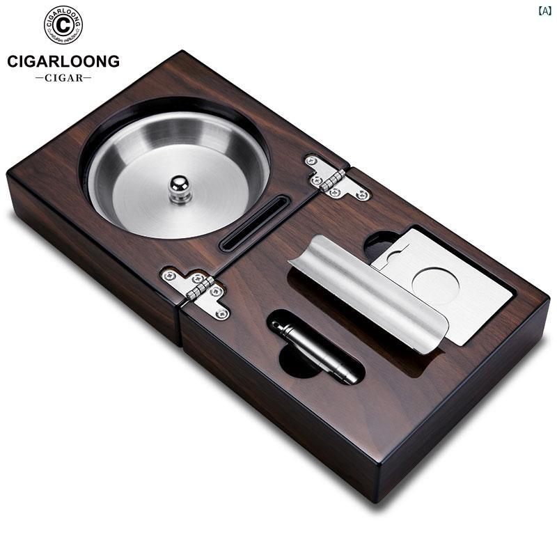 タバコグッズ　タバコ用品　かっこいい　大人 CIGARLOONG シガー 灰皿 無垢材 取り外し 可能 ステンレス ドリル シガーカッター ホルダーセット