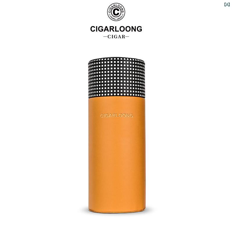タバコグッズ　タバコ用品　かっこいい　大人 CIGARLOONG シガー チューブ 牛革 裏地 杉 材 葉巻 加 湿 器 湿度 計 付き