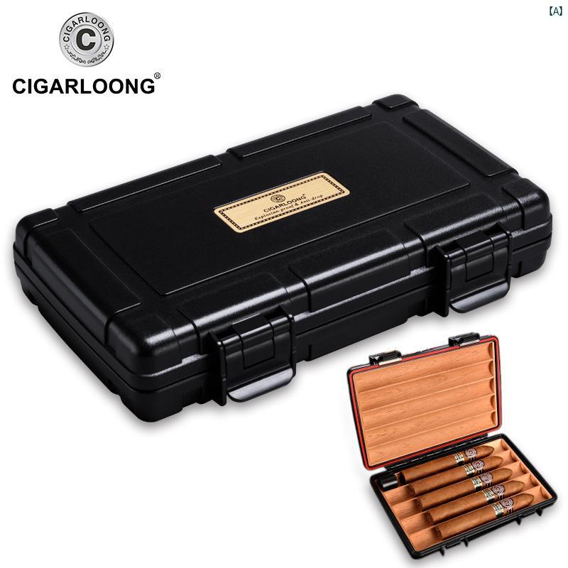 タバコグッズ　タバコ用品　かっこいい　大人 CIGARLOONG シガーボックス 杉 材 裏打ち 湿気 ロック ヒュミドール ポータブル 5 パック