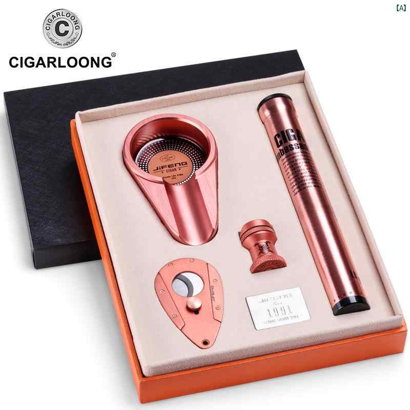 タバコグッズ　タバコ用品　かっこいい　大人 CIGARLOONG シガー 灰皿 シガーカッター 4 点 セット大 径 タバコ ドラッグ チューブ ギフト ボックス 包装