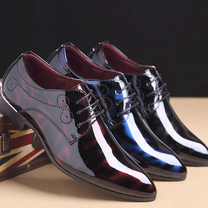 エナメルシューズ ビジネスシューズ メンズ ドレスシューズ 3cm ラテックス 本革インソール ロングノーズ レースアップ レザー シューズ カジュアル グラデーション ブルー レッド グレー 靴