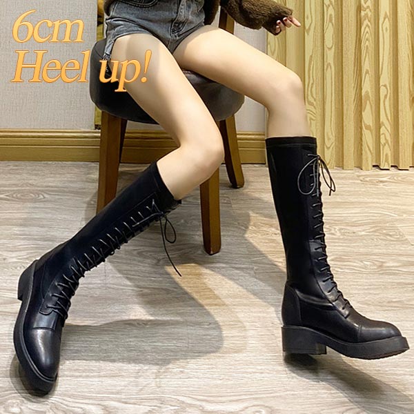 楽天市場 ブーツ レディース レースアップ ロングブーツ 編み上げ フラットソール ブラック 防水 ストレッチ シークレットインソール 6ｃｍヒール アップ Koala