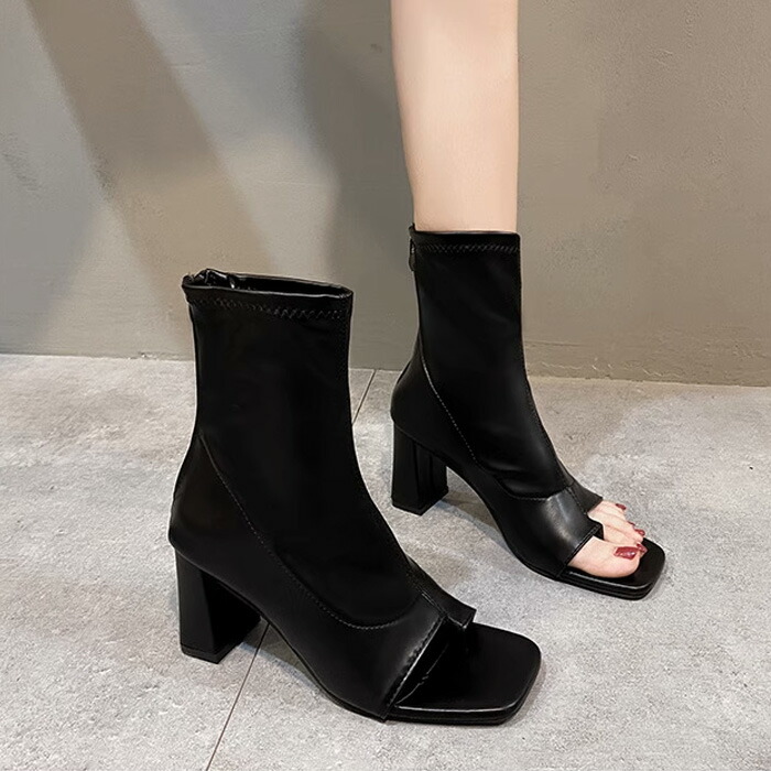 Lyrisiphy レディース ブラックヒール オープントゥ ヒールサンダル チャンキーヒール ブラックサンダル ブロックヒール 並行輸入品 ラウンドオープントゥハイヒールパンプス｜パンプス・ハイヒール等