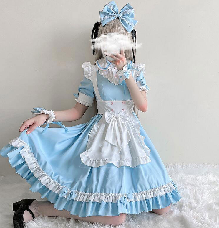 メイド服 ショート丈ワンピース メイドコスプレ 半袖長袖メイド服 大人コスチューム ハロウィン衣装 レース お姫様ワンピース エプロン付き ウェイトレス 萌え服 可愛いコスチューム 舞台衣装 仮装 女装 イベント 余興 学園祭 ブルー フリル リボン 6点 袖が外れる Sgcc Bm