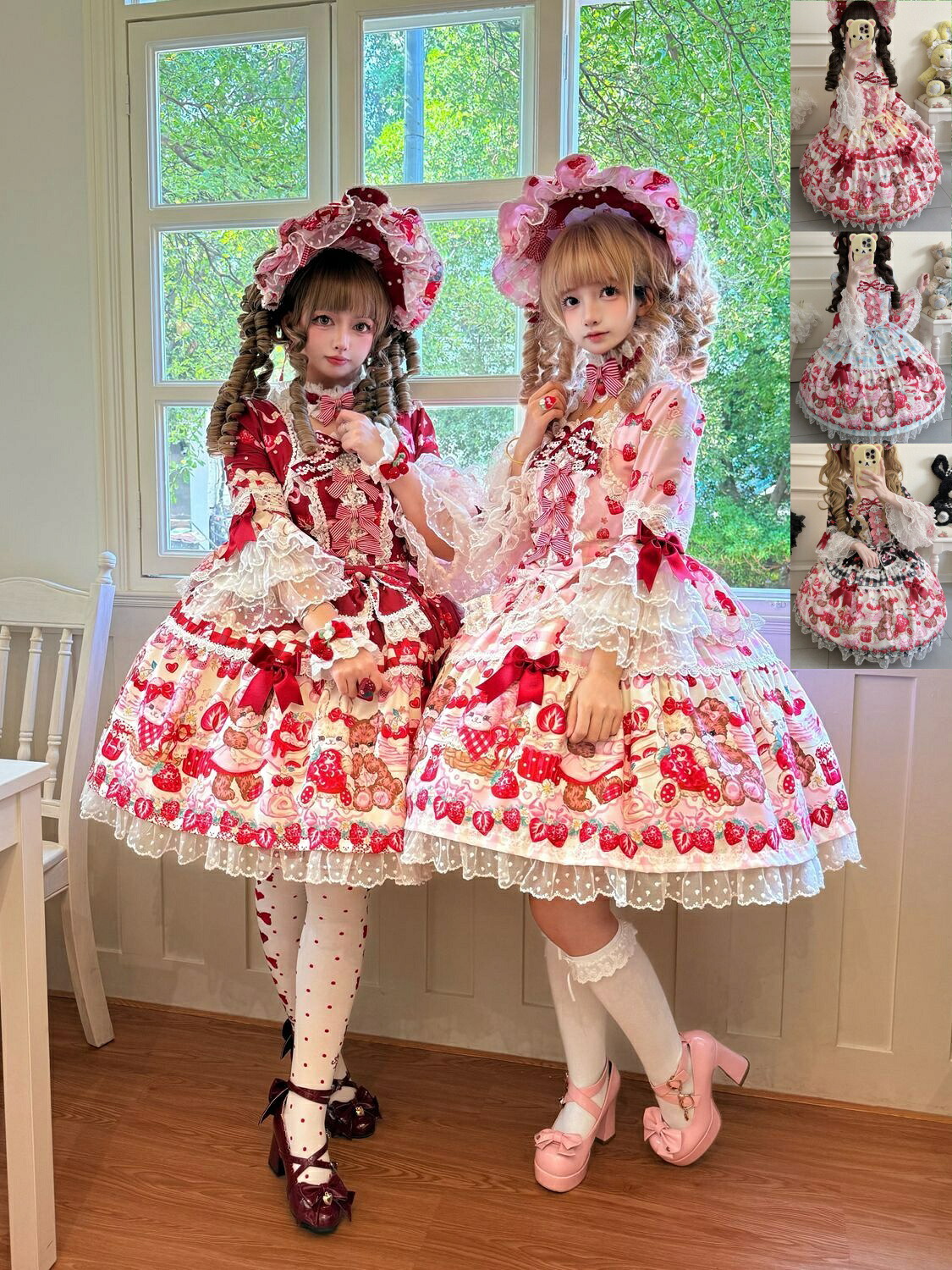 可愛いロリータ ワンピース 長袖 フレア袖 DRESS リボン 兎 熊 苺柄 姫系 レース 重ね プリント バックリボン ストロベリー プリンセス フリル 膝丈ドレス ゴスロリ Aライン 甘ロリ Lolita洋装 コスプレ衣装 ハロウィン 舞台 ジュニア イベント レディース 5色 キュート OP｜June Stage店