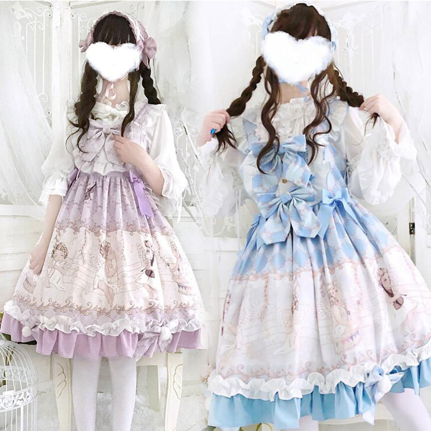 可愛いロリータ服 ロリータワンピース ジャンパースカート 甘ロリータ 甘ロリ お姫様ワンピース  プリンセスドレス プリント柄 Lolita 可愛い ワンピース リボン フリル コスチューム ゴスロリ コスプレ衣装 文化祭 学園祭 イベント ロリータファション 2色