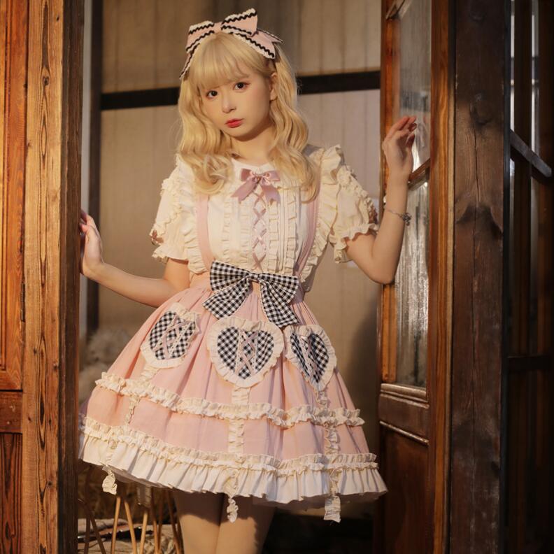 ロリータワンピース 可愛いロリータ服 ジャンパースカート 甘ロリータ 可愛いスカート チェック柄 フリル パーティードレス 萌え Lolita 大人コスチューム ゴスロリ ハロウィン コスプレ衣装 文化祭 学園祭 イベント ロリータファション