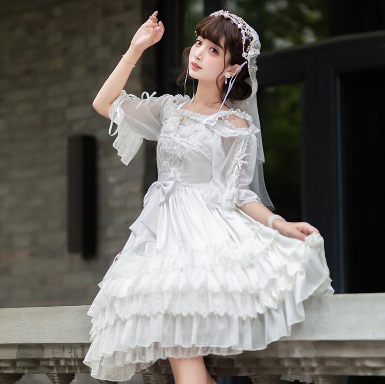 ジャンパースカート ロリータワンピース 可愛いロリータ服 甘ロリータ プリンセスドレス チュールワンピース フリル パーティードレス フレアワンピース Lolita 大人コスチューム ゴスロリ ハロウィン コスプレ衣装 文化祭 学園祭 イベント ロリータファション ホワイト