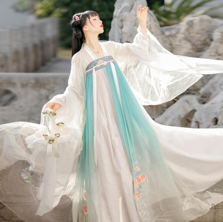 漢服 華流衣装 中華古代服 中華服 チャイナ服 中華風 チャイナ風 花柄刺繍 唐装 古典美人服 舞台衣装 ステージ衣装  グラデーション チャイナドレス イベント 仮装 コスチューム 写真撮影 振袖 華やか 裾幅大きい 送料無料