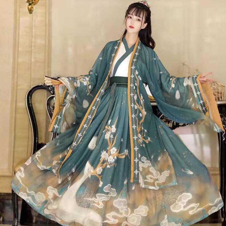 漢服 華流衣装 中華古代服 中華服 チャイナ服 中華風 チャイナ風 プリント柄 唐装 古典美人服 舞台衣装 ステージ衣装  グラデーション チャイナドレス イベント 仮装 コスチューム 写真撮影 華やか 裾幅大きい グリーン レッド 3点セット 送料無料