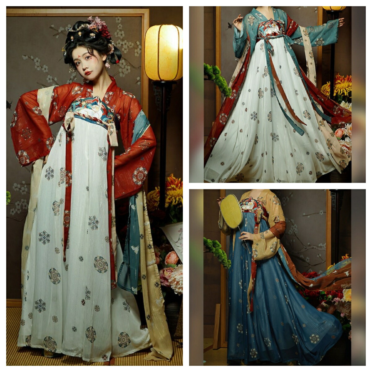 唐装 漢服 華流衣装 中華古代服 中華服 夏着 チャイナ服 中華風 チャイナ風 プリント柄 古典美人服 舞台衣装 ステージ衣装  グラデーション チャイナドレス イベント 仮装 コスチューム 写真撮影 華やか 裾幅大きい 3点セット