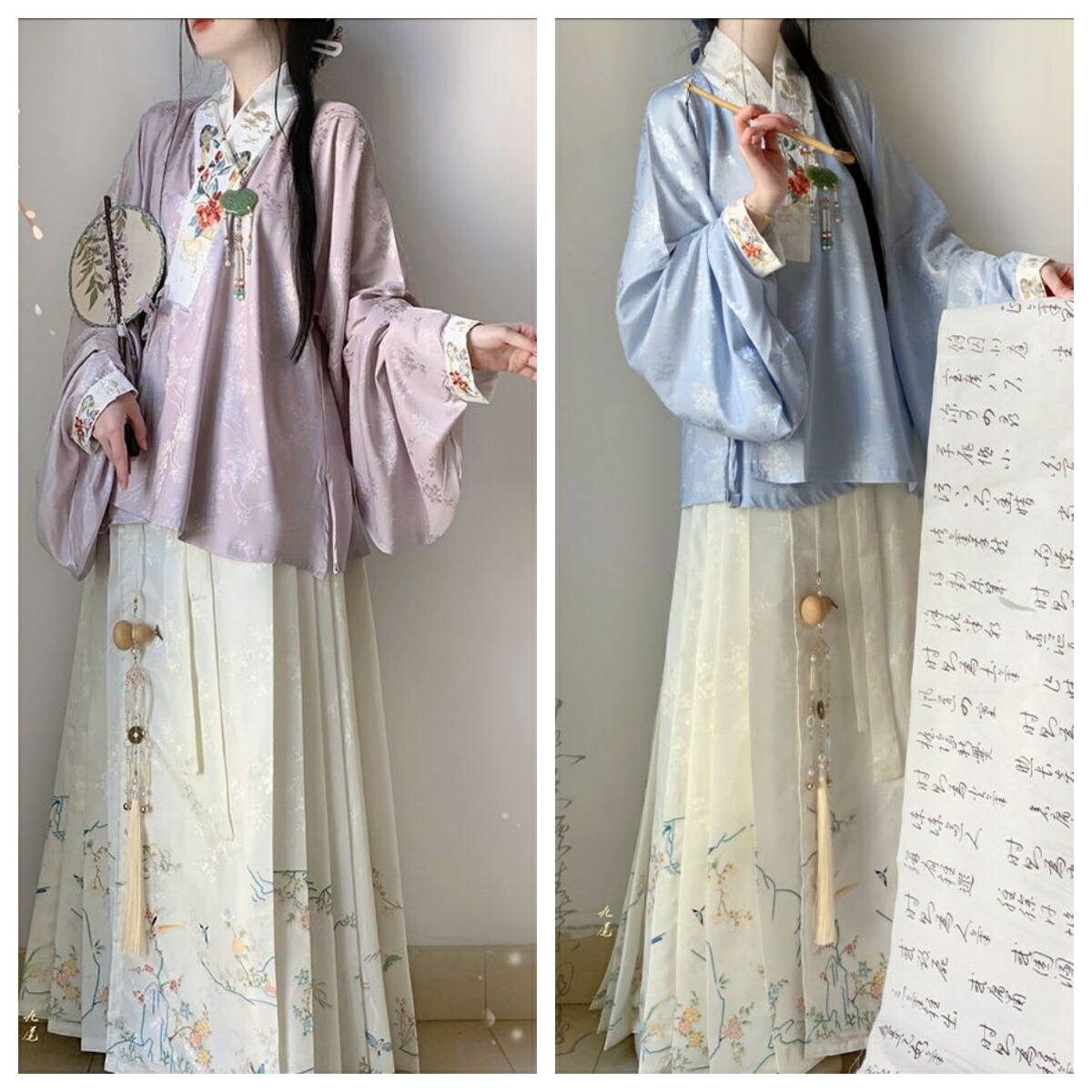 明制漢服 唐装 華流衣装 中華古代服 中華服 チャイナ服 中華風 チャイナ風 古典美人服 花柄 舞台衣装 ステージ衣装  チャイナドレス イベント 仮装 コスチューム 写真撮影 華やか 裾幅大きい  ブルー ベージュ パープル 上下セット