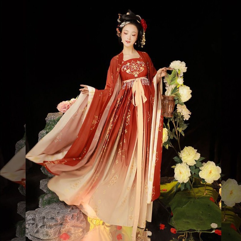 漢服 唐装 華流衣装 中華古代服 中華服 夏着 チャイナ服 中華風 花柄 チャイナ風 プリント柄 古典美人服 舞台衣装 ステージ衣装  グラデーション チャイナドレス イベント 仮装 コスチューム 写真撮影 華やか 裾幅大きい 2点セット