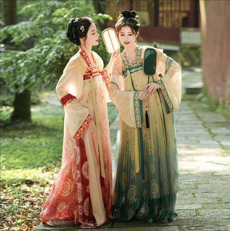 漢服 唐装 華流衣装 中華古代服 中華服 夏着 チャイナ服 中華風 花柄 チャイナ風 プリント柄 振袖 古典美人服 舞台衣装 ステージ衣装  グラデーション チャイナドレス イベント 仮装 コスチューム 写真撮影 華やか 裾幅大きい 4点セット レッド グリーン