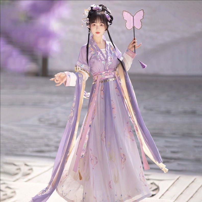 中華古代服 中華服 漢服 唐装 華流衣装 夏着 チャイナ服 中華風 無地 チャイナ風 プリント柄 花柄 コイン 古典美人服 舞台衣装 ステージ衣装  チャイナドレス グラデーション シフォン イベント 仮装 コスチューム 写真撮影 華やか 裾幅大きい 3色
