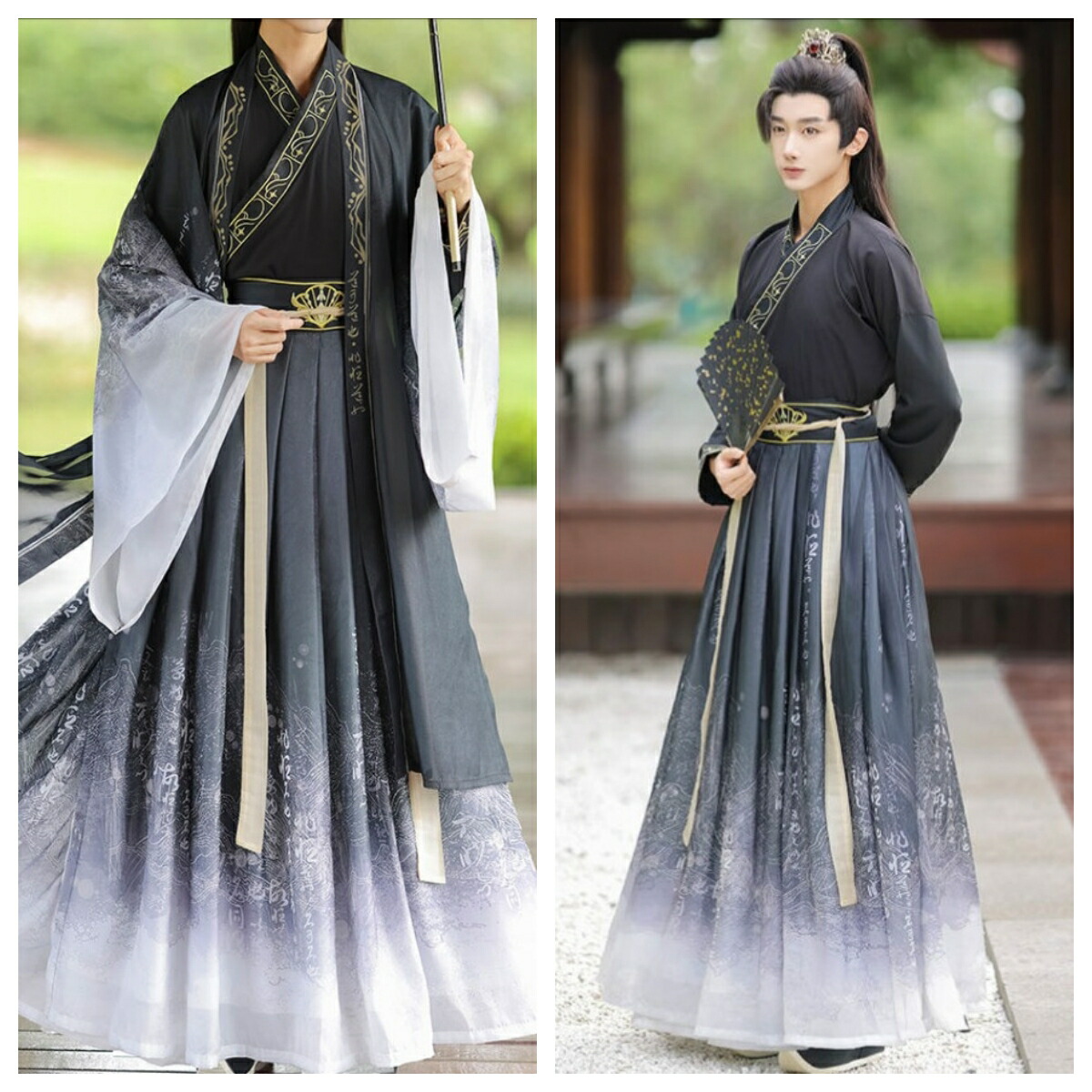 メンズ漢服 華流衣装 中華古代服 中華服 チャイナ服 中華風 チャイナ風 唐装 古典服 舞台衣装 ステージ衣装  イベント 仮装 グラデーション 振袖 コスチューム 写真撮影 華やか 裾幅大きい ホワイト 3点セット