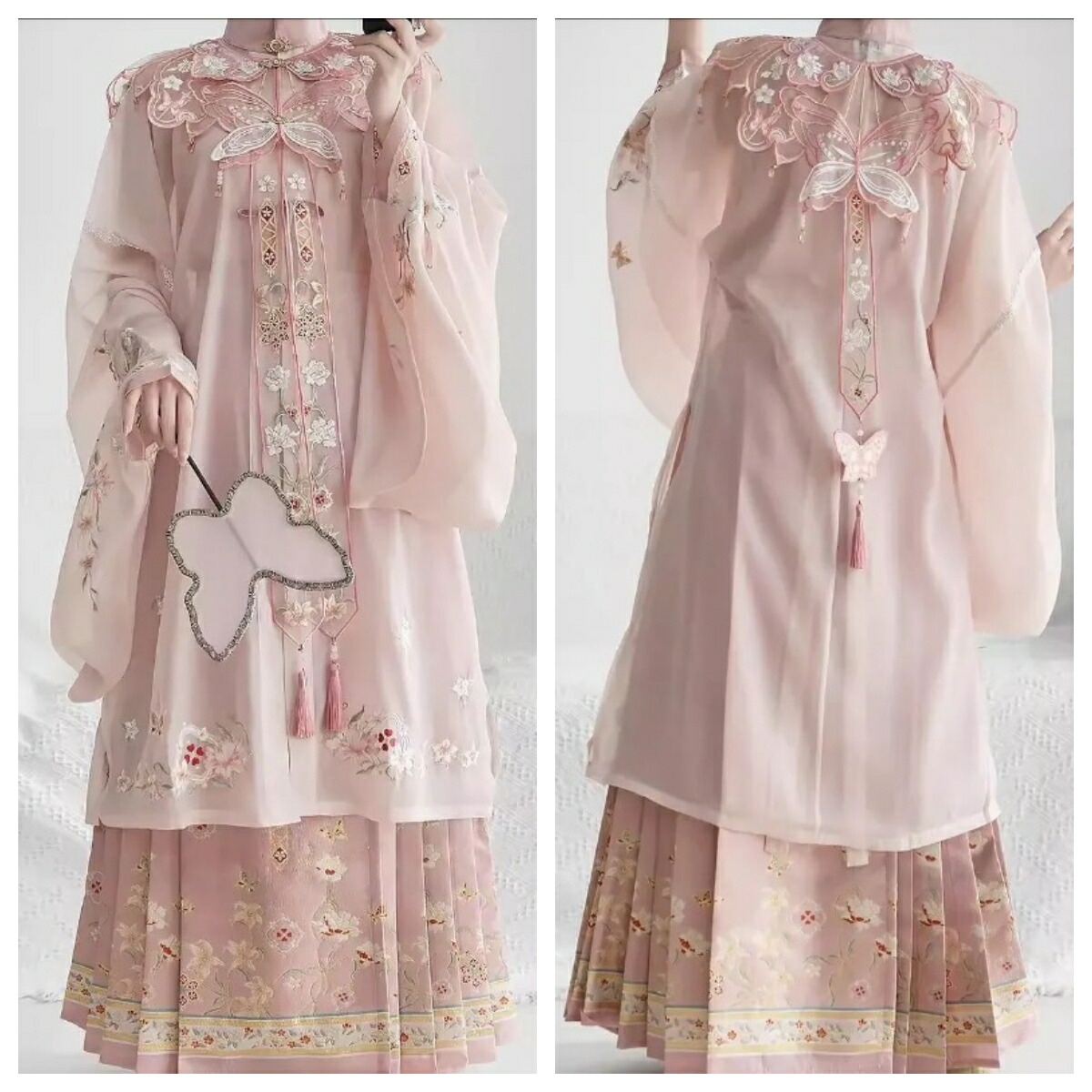 華流衣装 中華古代服 漢服 中華服 夏着 チャイナ服 中華風 チャイナ風 刺繍柄 花柄 唐装 古典美人服 舞台衣装 ステージ衣装  チャイナドレス イベント 仮装 コスチューム 写真撮影 華やか 裾幅大きい 振袖 ピンク 4点セット