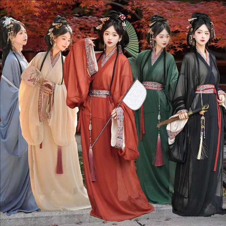 古典美人服 唐装 華流衣装 漢服 中華古代服 中華服 夏着 チャイナ服 中華風 華麗 チャイナ風 無地  舞台衣装 ステージ衣装  チャイナドレス イベント 仮装 コスチューム 写真撮影 裾幅大きい ベージュ レッド ブラック ブルー グリーン