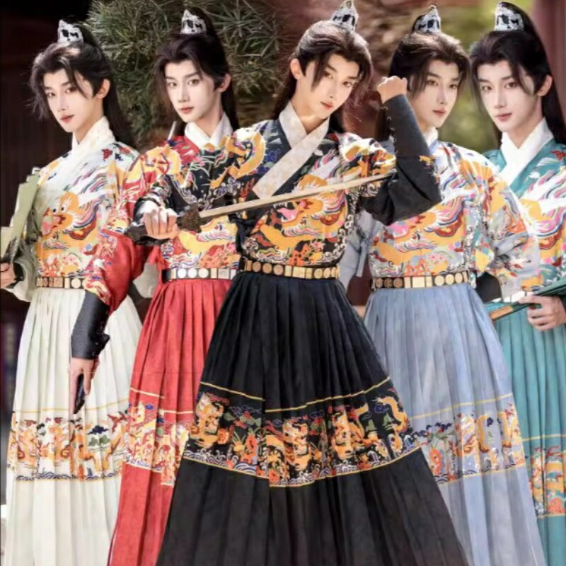 メンズ漢服 華流衣装 中華古代服 中華服 チャイナ服 中華風 チャイナ風 唐装 古典服 舞台衣装 ステージ衣装  イベント 仮装 プリント柄 龍柄 振袖 コスチューム 写真撮影 華やか 裾幅大きい ホワイト 3点セット