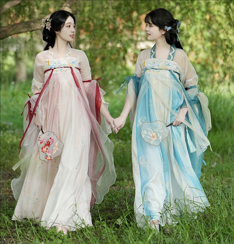 漢服 唐装 華流衣装 中華古代服 中華服 夏着 チャイナ服 中華風 花柄刺繍 チャイナ風 プリント柄 振袖 古典美人服 舞台衣装 ステージ衣装  グラデーション チャイナドレス イベント 仮装 コスチューム 写真撮影 華やか 裾幅大きい 4点セット レッド ブルー