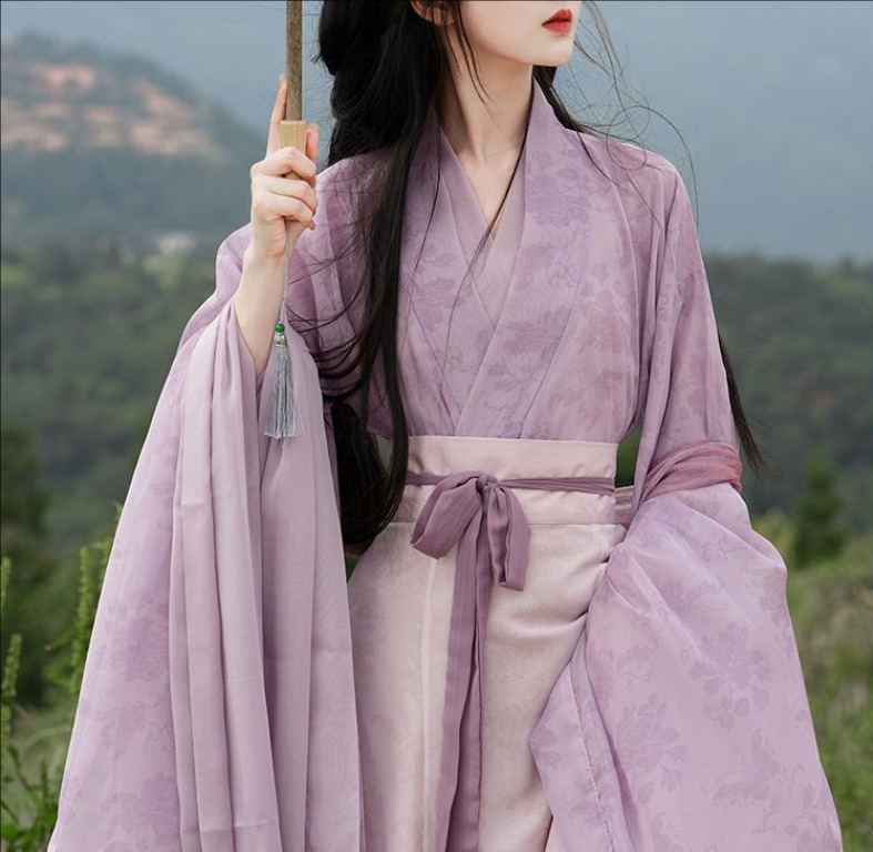 中華古代服 中華服 漢服 唐装 華流衣装 夏着 チャイナ服 中華風 無地 チャイナ風 パープル 振袖 Vネック 古典美人服 舞台衣装 ステージ衣装  チャイナドレス グラデーション シフォン イベント 仮装 コスチューム 写真撮影 華やか 裾幅大きい