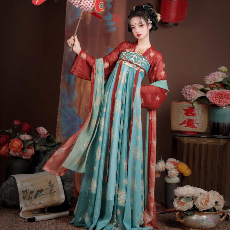 漢服 古典美人服 唐装 華流衣装 中華古代服 中華服 チャイナ服 中華風 花柄 チャイナ風 プリント柄 花柄 夏着 舞台衣装 ステージ衣装 チャイナドレス イベント 仮装 コスチューム 写真撮影 華やか 裾幅大きい 4色