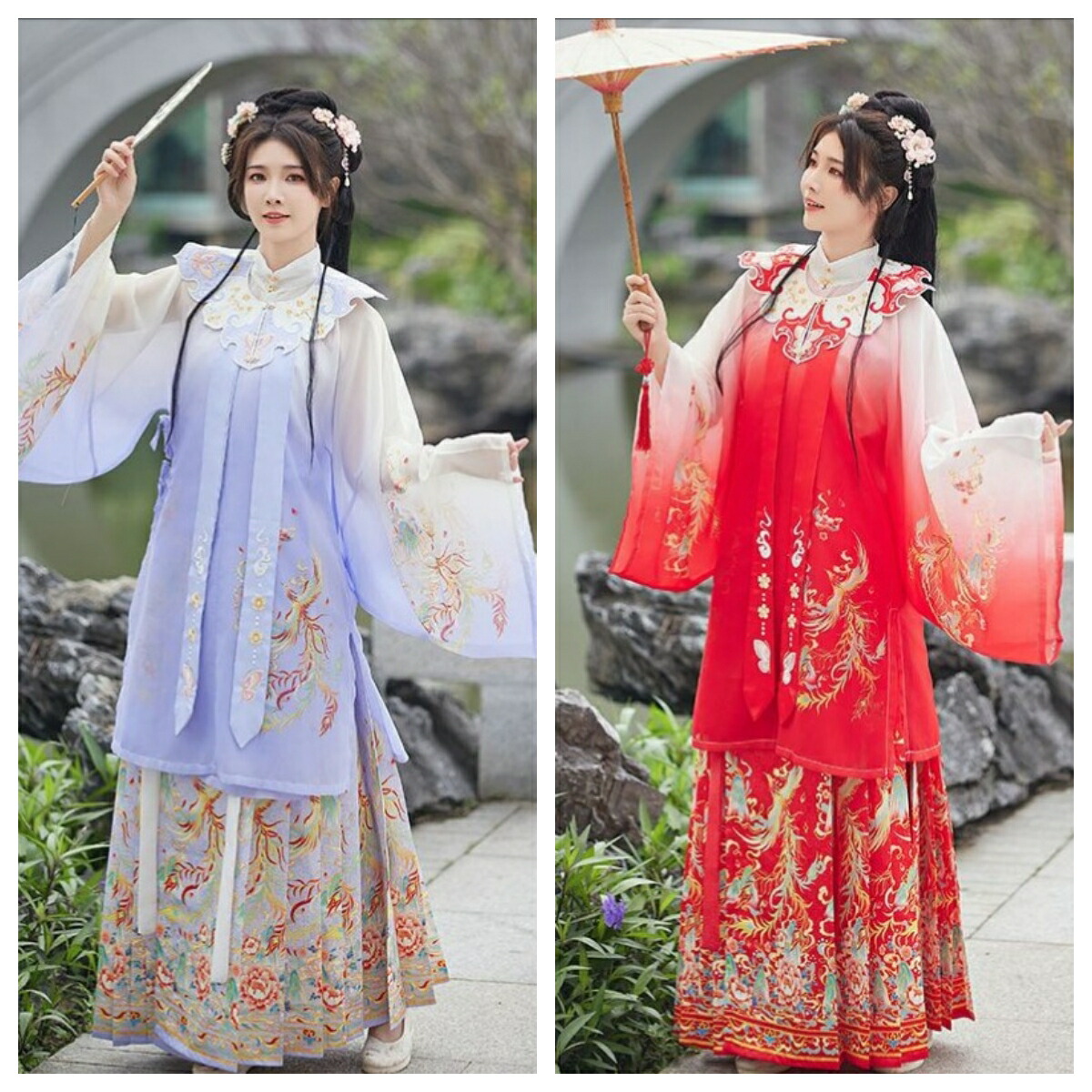 中華服 漢服 華流衣装 中華古代服 チャイナ服 中華風 チャイナ風 鳳凰柄 唐装 古典美人服 舞台衣装 ステージ衣装  グラデーション チャイナドレス イベント 仮装 コスチューム 写真撮影 華やか 裾幅大きい 振袖 3色 3点セット