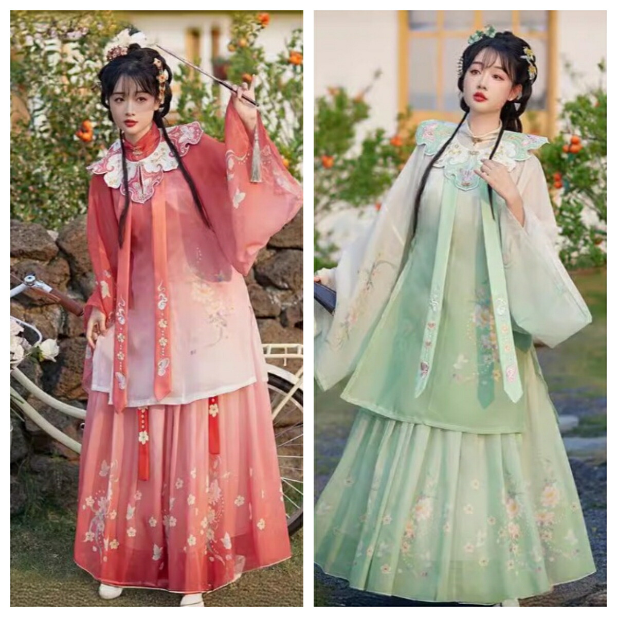 中華服 漢服 華流衣装 中華古代服 チャイナ服 中華風 チャイナ風 花柄 プリント 唐装 古典美人服 舞台衣装 ステージ衣装  グラデーション チャイナドレス イベント 仮装 コスチューム 写真撮影 華やか 裾幅大きい 振袖 3色 3点セット