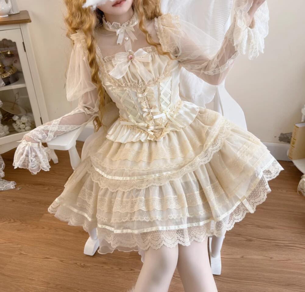 可愛いロリータ服 ロリータワンピース プリンセスドレス 上下セット パーティードレス ショートスカート レーススカート Lolita 大人コスチューム ゴスロリ ハロウィン コスプレ衣装 文化祭 学園祭 イベント ロリータファション