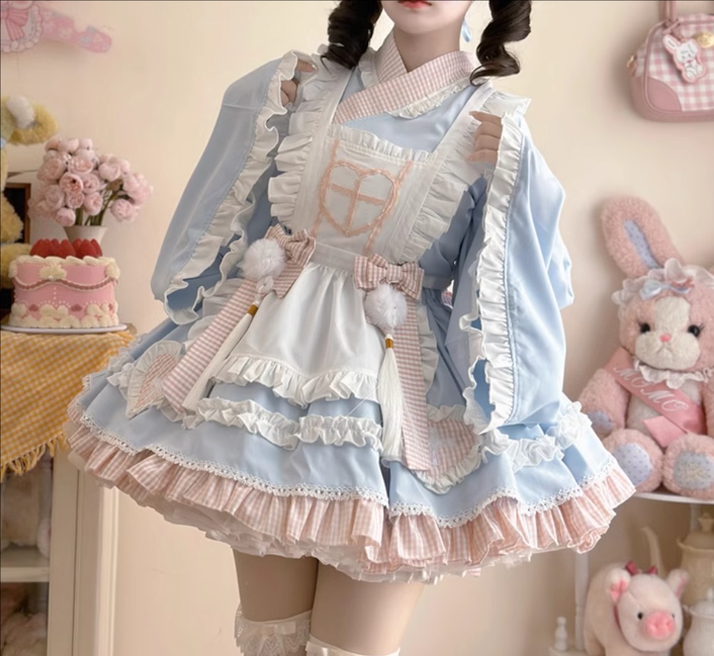 甘ロリ ロリータワンピース 上下セット 可愛いロリータ服 甘いロリータ 振袖 お姫様スカート プリンセスドレス メイド服 プリント柄 プリンセスライン コスチューム ゴスロリ コスプレ衣装 文化祭 学園祭 イベント ブルー ブラック ピンク イエロー