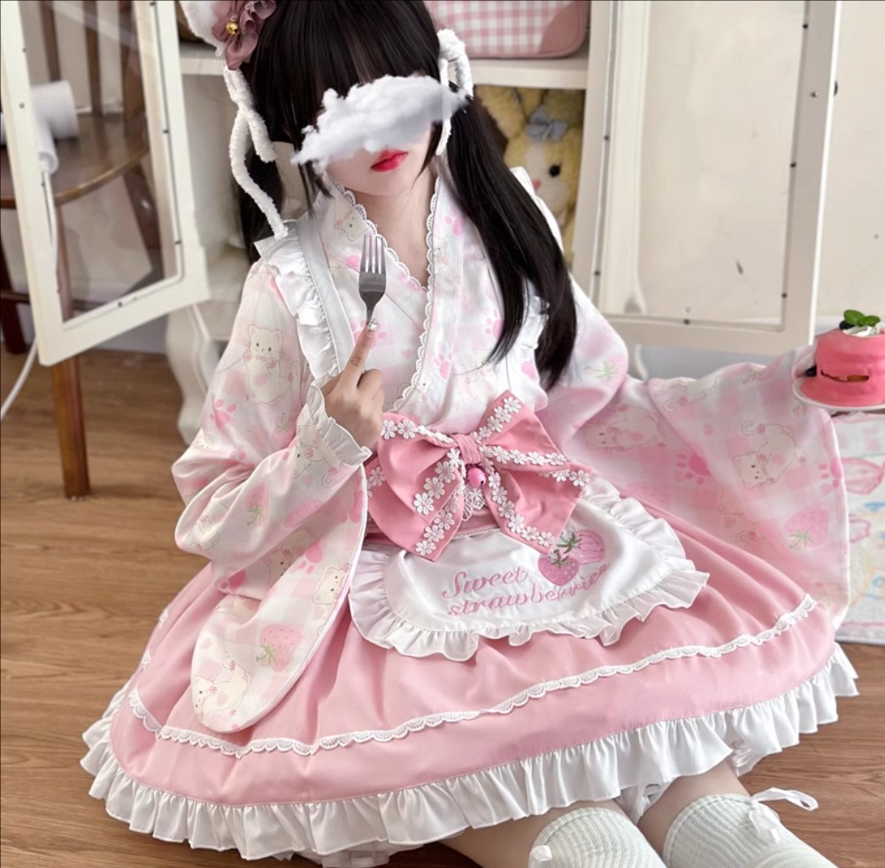 可愛いロリータ服 甘ロリ 上下セット 猫柄 チェック柄 ロリータワンピース 甘いロリータ お姫様風 動物柄 フリル リボン コスチューム ゴスロリ コスプレ衣装 文化祭 学園祭 イベント ピンク ブルー イエロー レッド パープル