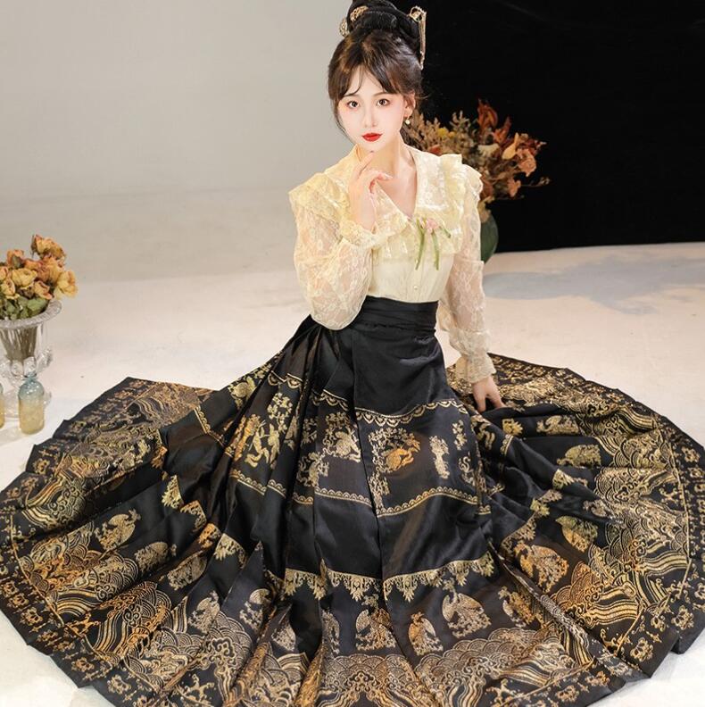 中華古代服 フレアスカート プリーツスカート ロングスカート 裾幅大きい 明制漢服 唐装 古典美人服 舞台衣装 ステージ衣装 中華服 チャイナ服 中華風 チャイナ風 華流衣装  チャイナドレス イベント 仮装 コスチューム 写真撮影 伝統楽器演奏会 二胡古筝 華やか 3色