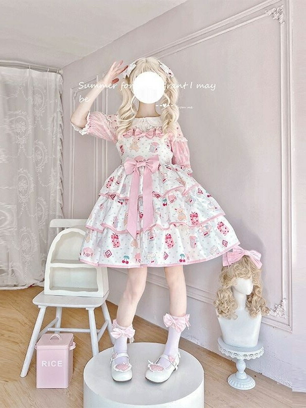 ロリータワンピース 可愛いワンピース ジャンパースカートシャツ 甘ロリータ 甘ロリ お姫様ワンピース  プリンセスドレス Lolita ロリータ服 リボン フリル 可愛いコスチューム ゴスロリ コスプレ衣装 文化祭 学園祭 かわいい イベント ロリータファション ピンク