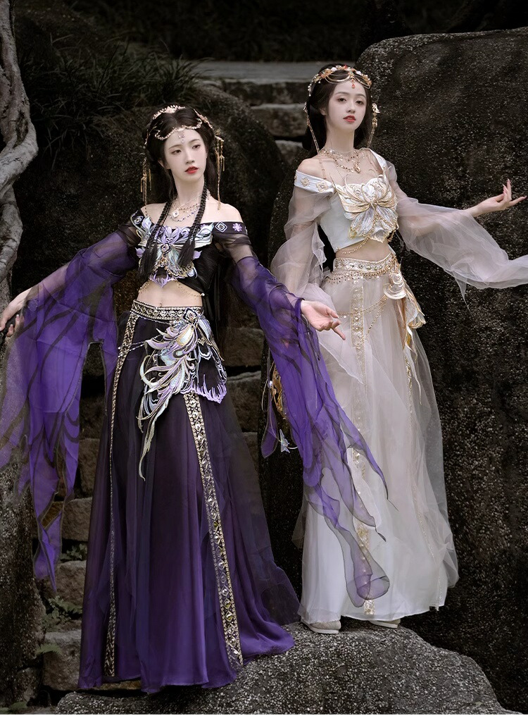 3点セット 蝶エルフ漢服 中華風 トップス チューブトップ スカート チャイナ風 チェストチェーン付き コスプレ へそ出し セクシー 古典ダンス 舞娘 異国姫 仙女風 上下セット 紫 双子風 姉妹 親友 エレガント コスプレ ハロウィン イベント 学園祭 舞台衣装 豪華的 華やか