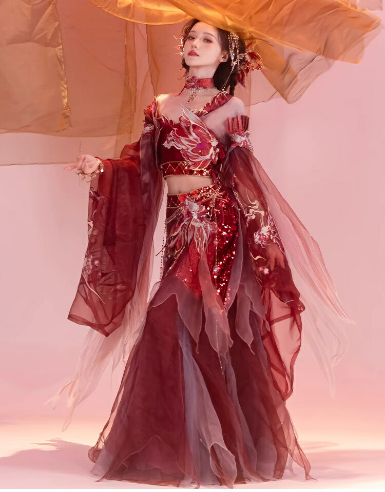 敦煌異国風漢服 中華風 3点/4点セット 赤金系 チャイナ服  華やかな刺繍 仮装 コスプレ服 人魚姫風 チョーカー追加可 コスプレ へそ出し セクシー 古典ダンス 舞娘 異国姫 仙女風 上下セット エレガント コスプレ ハロウィン イベント 学園祭 舞台衣装
