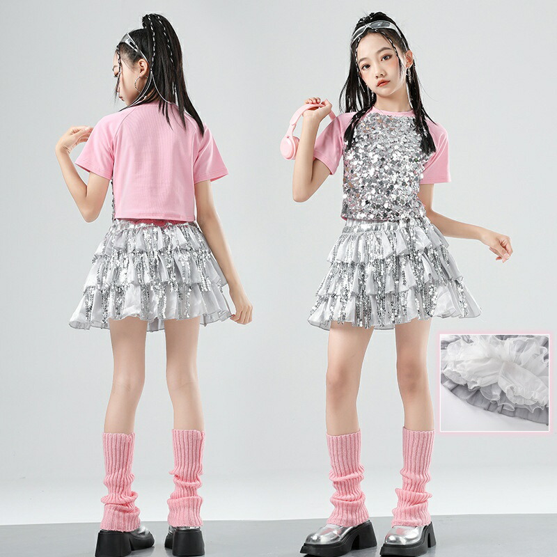 ピンクxシルバー スパンコール上下セット可愛いダンス衣装 キッズ 女の子 ヒップポップダンス衣装 半袖Tシャツ ケーキスカート 舞台衣装 子供用 学園祭 普段着 パフォーマンス チア服 体育祭 ステージ衣装 応援団 イベント おしゃれ jazz 発表会 キラキラ 団体服 チアダンス