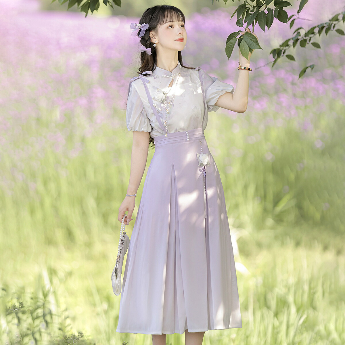 2点/3点上下セット ロリータ ワンピース トップス+スカート+キャミソール 半袖 森ガール系 チャイナカラー ミモレ丈スカート 中華風 改良漢服 可愛い プリンセス コスプレ衣装 仮装 コスチューム衣装 レディース 大人 ハロウィン変装 ゴスロリ パーティー イベント 学園祭 紫