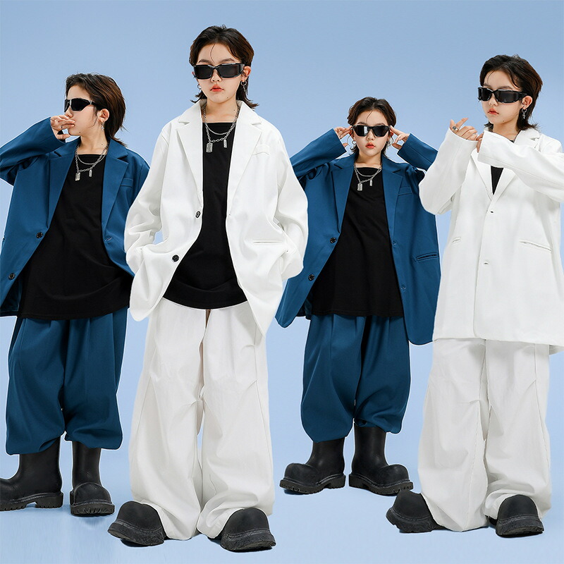 上下セット キッズ ダンス衣装 スーツ風 ジャケット+パンツ 長袖 韓国風 ゆったり 女の子 ジャズダンス ヒップホップ衣装 チアダンス オシャレ 子供服 ジャズダンス 舞台衣装 団体服 可愛い 運動会 体育祭 演出服 ステージ衣装 学園祭 発表会 演出服 JAZZ ホワイト ブルー