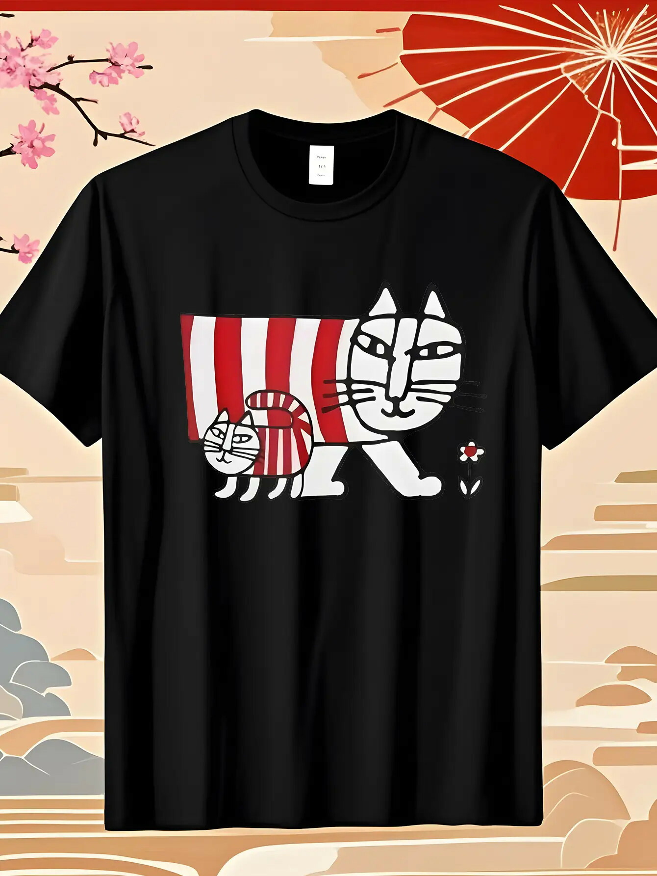日常フェスティバル-テーマのメンズパターン-プリントTシャツ:春と夏のための快適で柔らかい半袖,パーティーのお祝いに愛らしいストライプの着飾った猫のグラフィックを日本で印刷