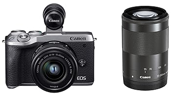 【中古】(人並み外れたに似つかわしい)Canon 銀鏡受け答え一眼写真機 EOS M6 Mark II ダブル望遠レンズEVF一揃いの道具 しろがね色 EOSM6MK2SL-WZEVFK
