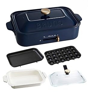 【中古】BRUNO ブルーノ コンパクトホットプレート 本体 プレート3種 (たこ焼き セラミックコート鍋 平面) グラスリッド レシピブック付きネイビー Navy