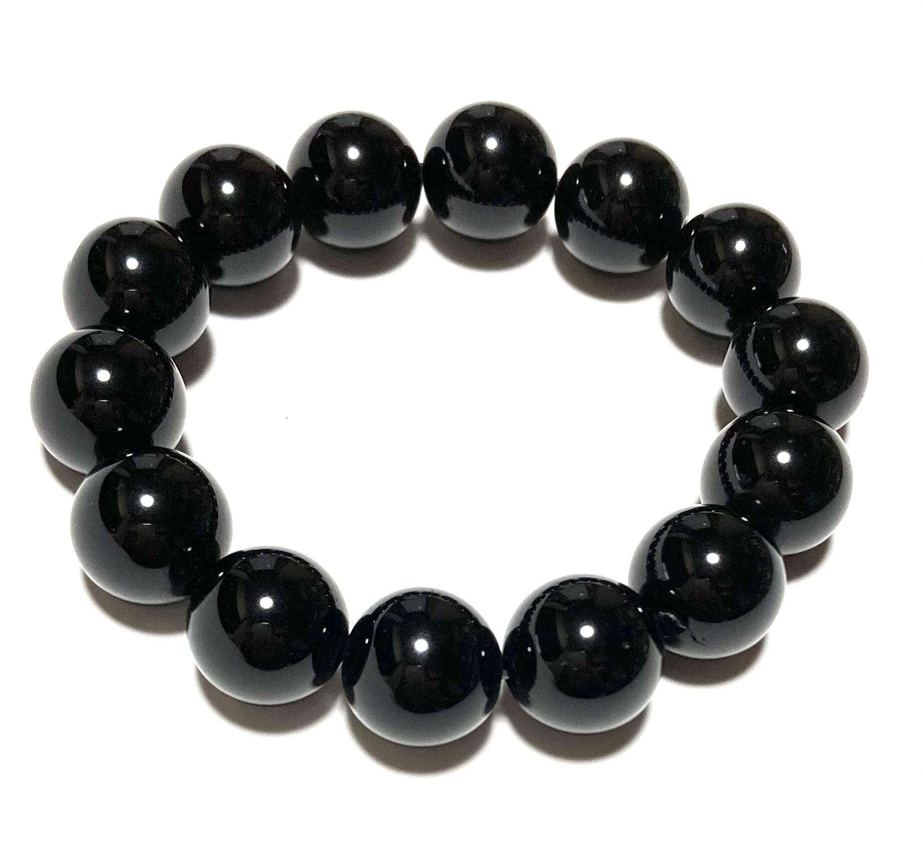 チベット産 黒水晶 (カーンゴーム/モリオン) 14mm ブレスレット【4月 誕生石】【16.5cm 18cm 20cm】ギフト 数珠 念珠 天然石 ジュエリー