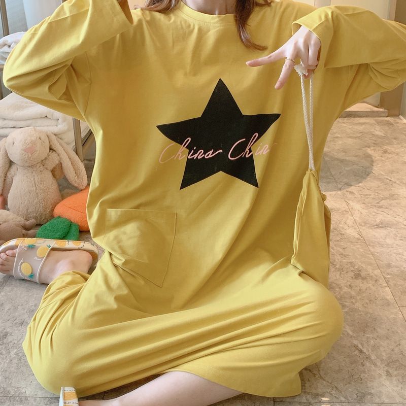 送料無料ルームウェアパジャマレディース女性用寝巻部屋着長袖ワンピースロング丈ポケット付きおしゃれかわいいAラインシンプル星