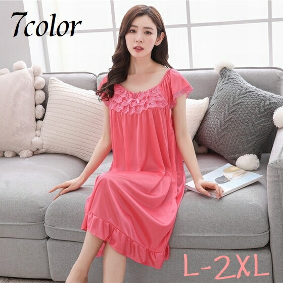送料無料 ネグリジェ 半袖 レディース 寝巻き パジャマ 女性 寝間着 婦人 膝下丈 大きいサイズ ルームウェア レース フリル 無地 部屋着 可愛い おしゃれ 新しい