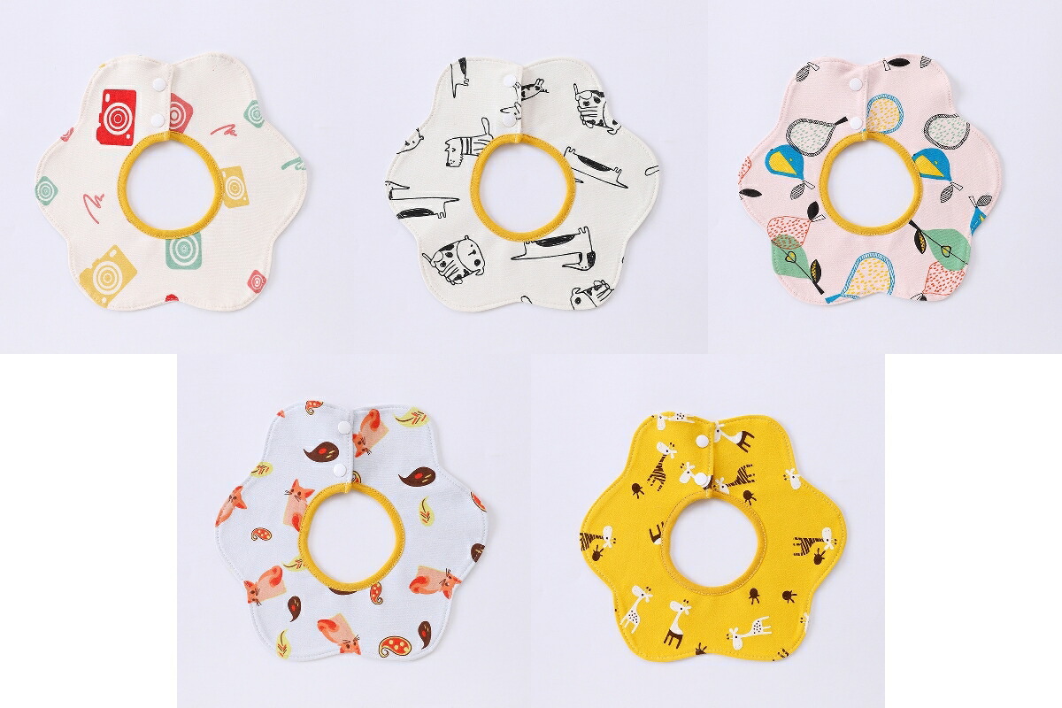 市場 送料無料 乳児 赤ちゃん よだれかけ ドーナツ型 5枚セット スナップボタン 360 子供 スタイ 防水 ベビー 女の子 男の子 花形