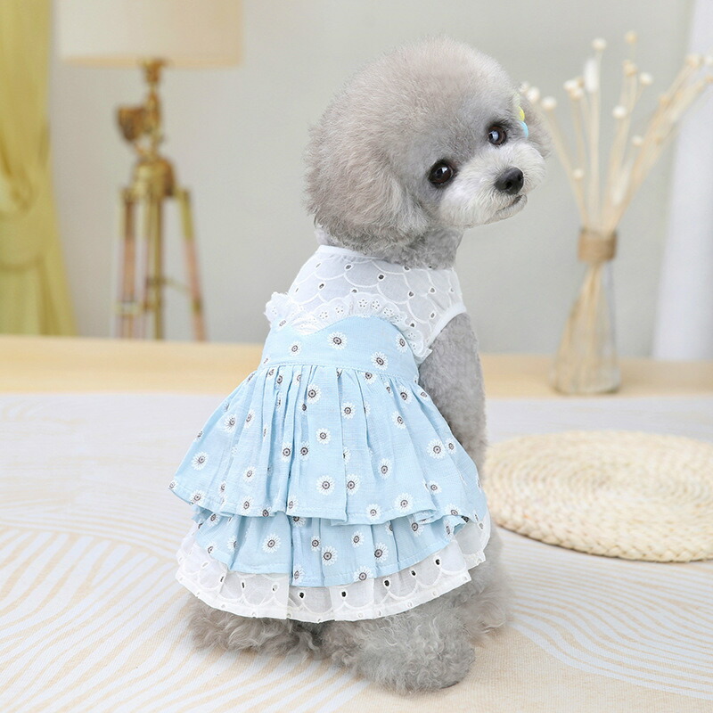 激安 送料無料 ペットウェア ドッキングワンピース ドッグウェア キャットウェア 犬服 猫服 小型犬 パピー 袖なし 花柄 フレア パンチングレース 異素材 フリル かわいい おしゃれ お出かけ お散歩 おめかし ガーリー 春 夏 ピンク ブルー 青 水色 Qdtek Vn